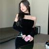 French Sexy Hottie Neck Tube Top Long-sleeved Dress Women's Autumn and Winter Wear with Sleeves Velvet Slim-fitting Hip-wrapped Skirt