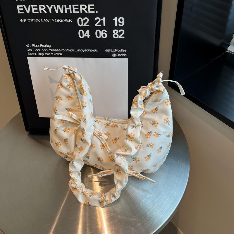 Bow floral pleated cloud bag women's small fresh high-value shoulder underarm bag casual messenger canvas bag bag