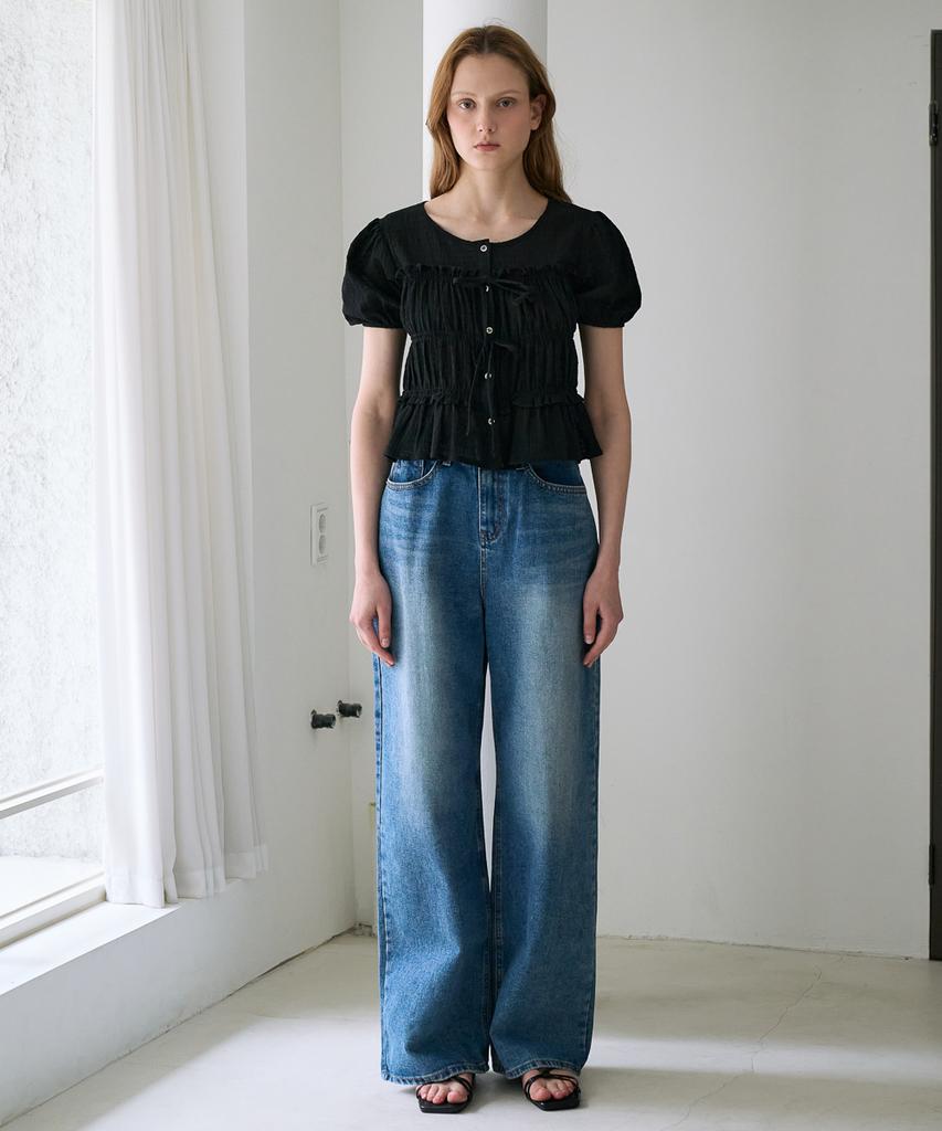 DEHEVE Ribbon Smocked Blouse [Black]