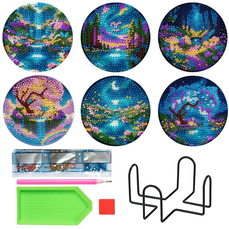 8 Piece Set of Diamond Painted Scenery with Holder DIY Diamond Craft Kit Creative Art Supplies Perfect Gifts for Beginners and Crafters