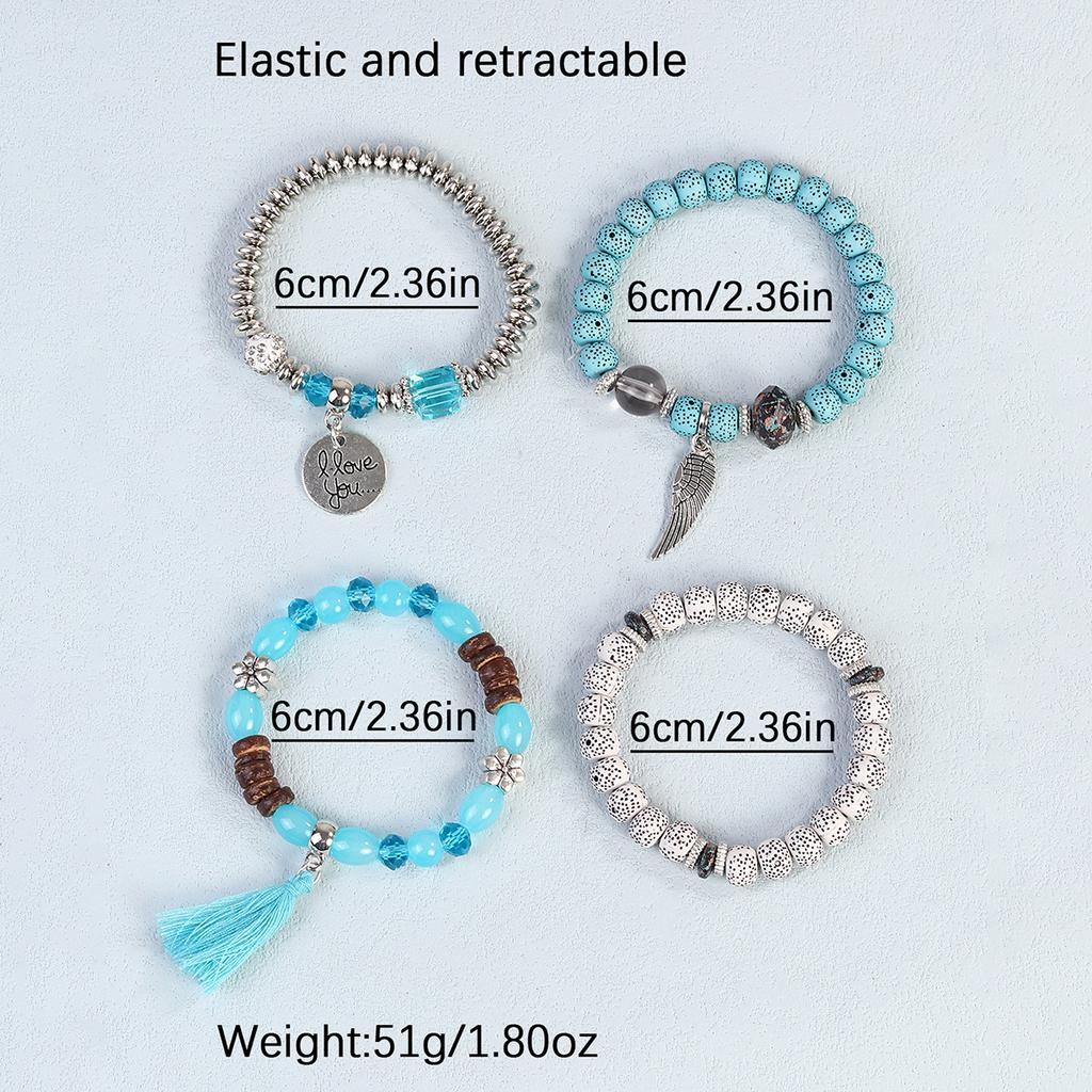 Bohemian Beaded Bracelet Set, Women's Stackable Stretch Bracelets with Tassel & Wing Charm