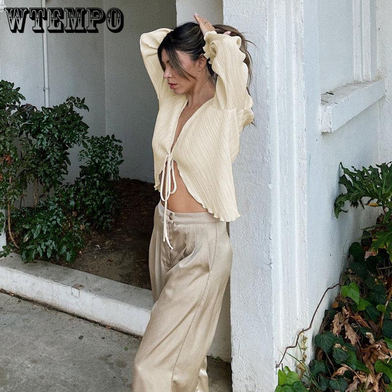 WTEMPO Green Beige Lace-Up Women's Shirts Summer New Bodycon Long Sleeve Blouses Ladies Fashion Pleated Tops Female Clothing 2023