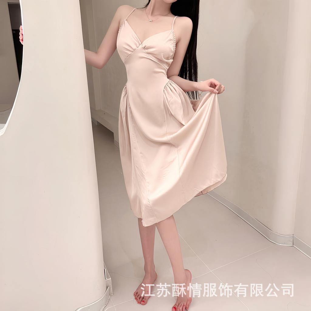 Crispy sexy suspender long hollow backless strap solid color low neck temptation casual nightdress home set