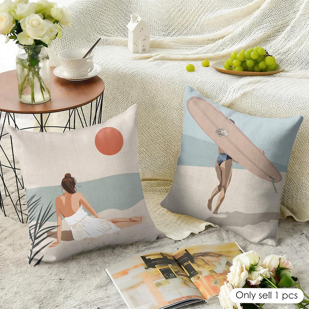 Summer Surfing Ins Art Cushion Cover Natural Linen Organic Fabric Double-Sided Printing Sofa Home Decor Gift Pillow Case