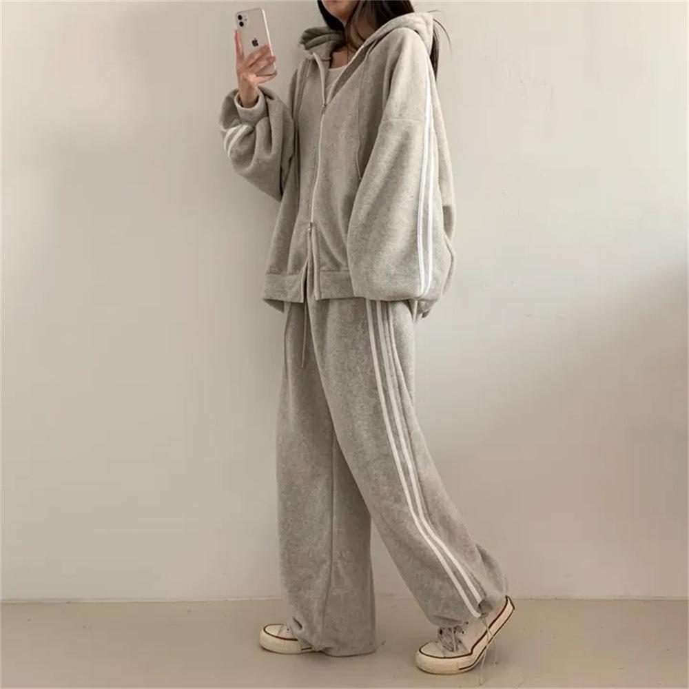 Grey Korean-Style Casual Two-Piece Cotton Blend Sweatshirt Set for Women - Spring/Autumn Fashion Patchwork Design