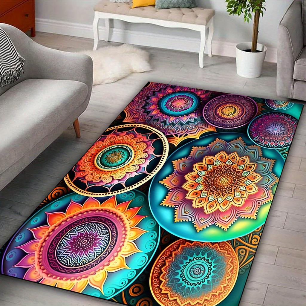 Bohemian Mandala Area Rug - Non-Slip Washable Polyester Mat for Living Room, Bedroom & Entryway, Vibrant Multicolor
