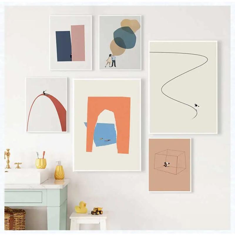 Retro Simple Interesting Abstract Illustration Patterns Interact with People Poster Canvas Painting Wall Art Pictures Home Decor