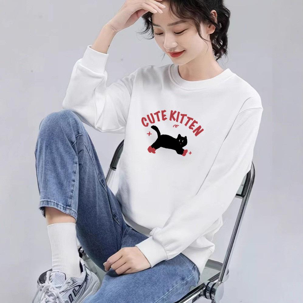 Women's Cat Print Long Sleeve Cotton Sweatshirt - Casual Korean Style, Round Neck, Loose Fit, Autumn Wear