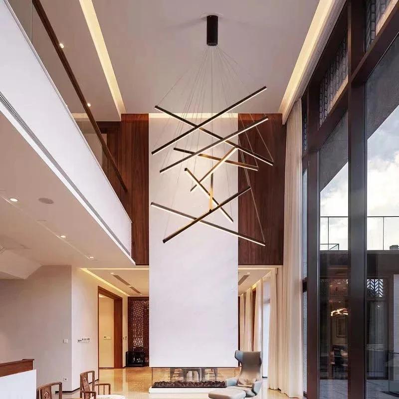 Black Stair Chandelier Modern LED Ceiling Lamp Long Line Interior Fixture for Living Room Duplex Hanging Lamp