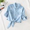 Camicia Corta in Denim Annodata da Donna Figura Piccola con Maniche Estiva Slimming Puro Cotone Sottile Scialle Protezione Solare Soprabito