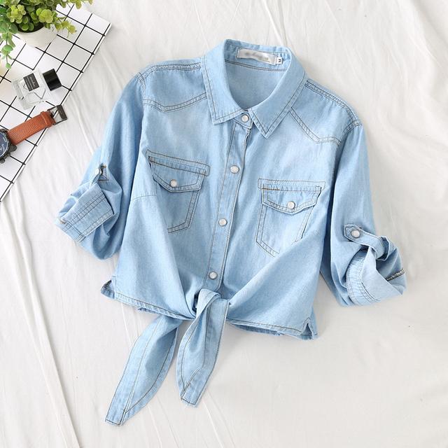 Camicia Corta in Denim Annodata da Donna Figura Piccola con Maniche Estiva Slimming Puro Cotone Sottile Scialle Protezione Solare Soprabito