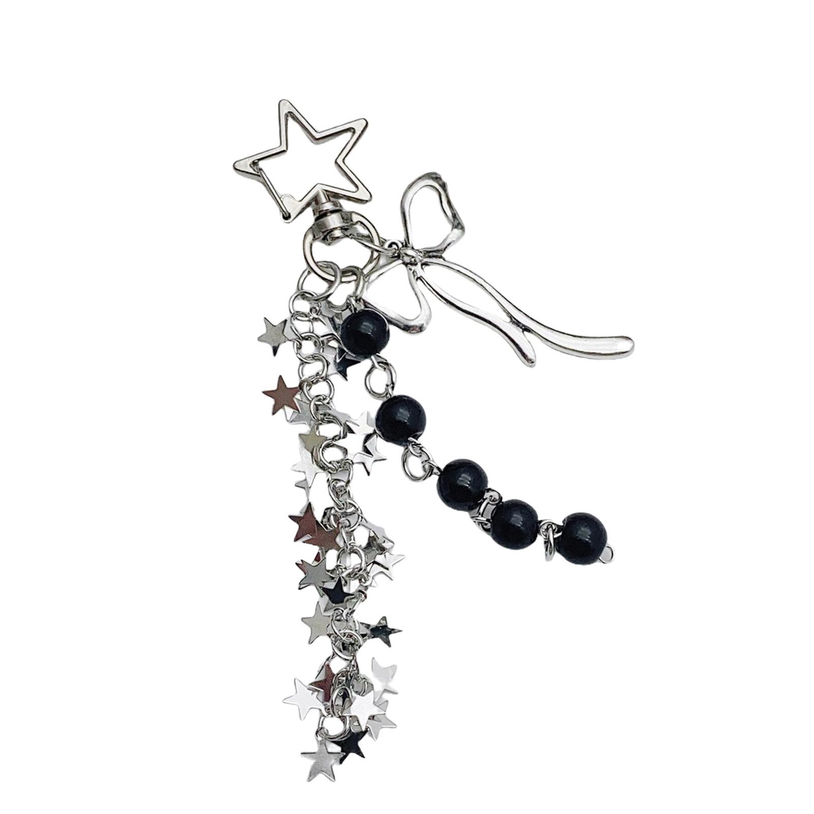 

Стильный брелок для ключей с кисточками в виде звезды, бантом и бусинами, подвесной брелок для ключей, цепочка для телефона ручной работы, аксессуары для женщин и подростков чёрный