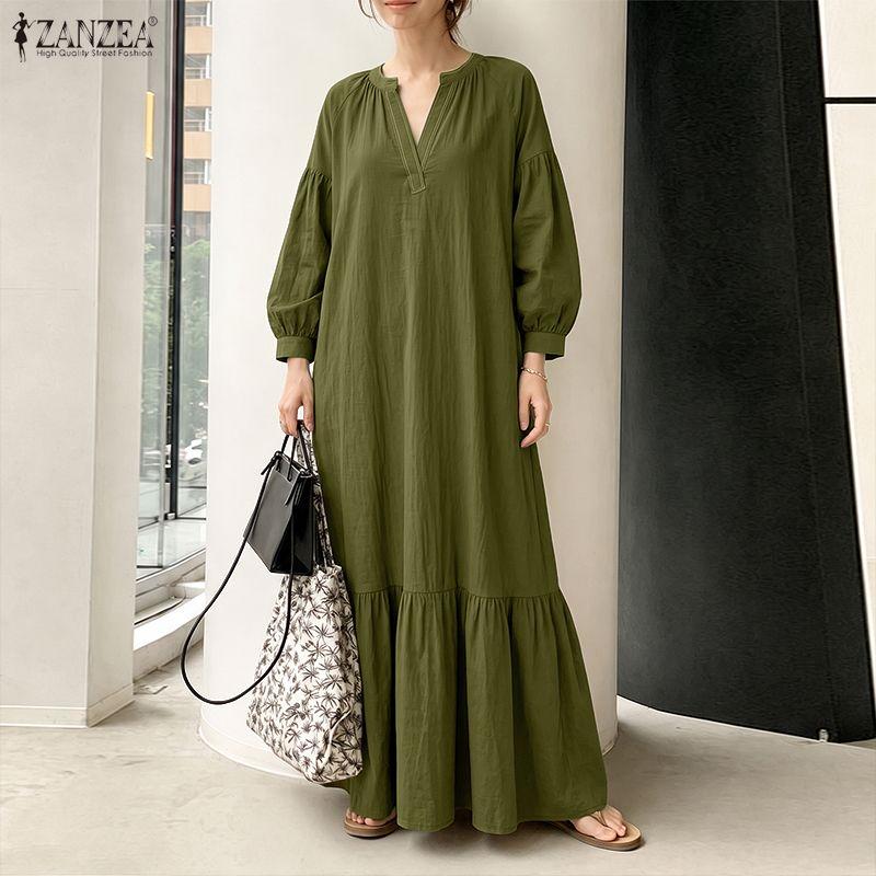 ZANZEA Autumn Womens V Neck Puff Sleeve Maxi Dress Casual Loose Solid Color Tiered Long Dresses