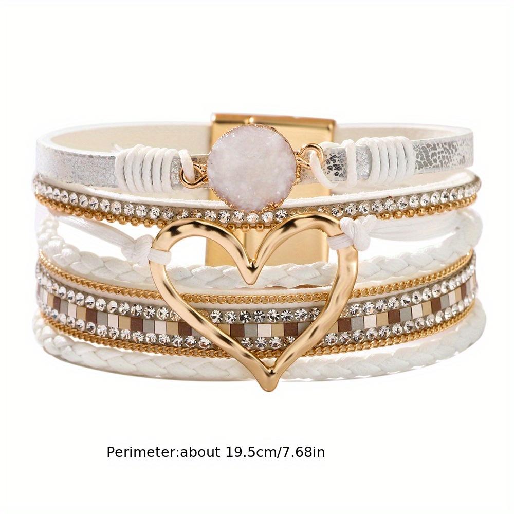 1pc Boho Chic Multilayer Faux Leather Wrap Bracelet with Handmade Braiding, Vintage Style, Big Golden Heart Charm