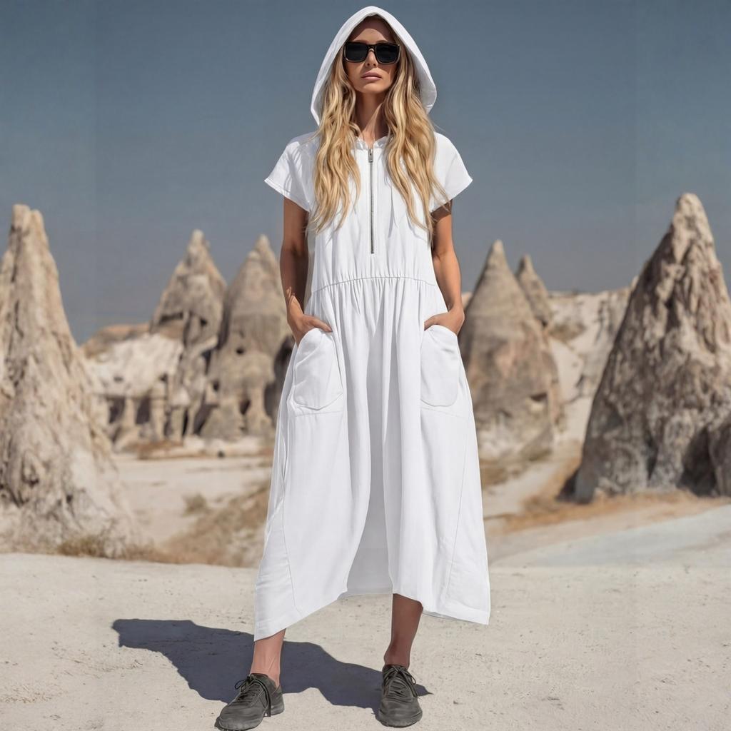 Damen Vintage Baumwoll-Leinen Kapuzen-Halbreißverschluss Mittellanges Kleid
