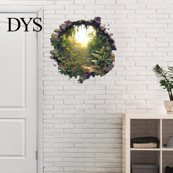 Botanical Theme Wall Covering 3D Hole Forest Sticker, Removable Green Plants Broken Decals, Self Waterproof Mural for Bathroom Adhesive Decoration