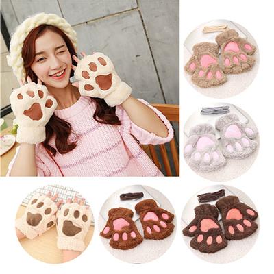 Winter Girl Cute Bear Cats Claw Cashmere Neck Hanging Half Finger Gloves Mittens