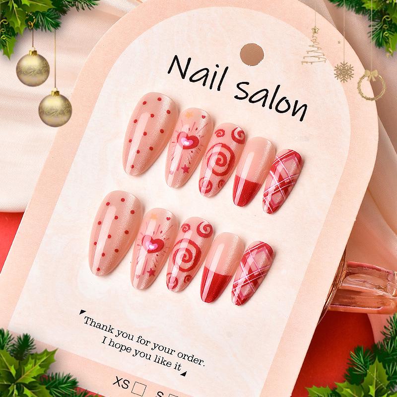 24-Piece Almond Cat Eye Nail Art Set: Christmas & Valentine s Heart Plaid Designs 24 Pieces/Box