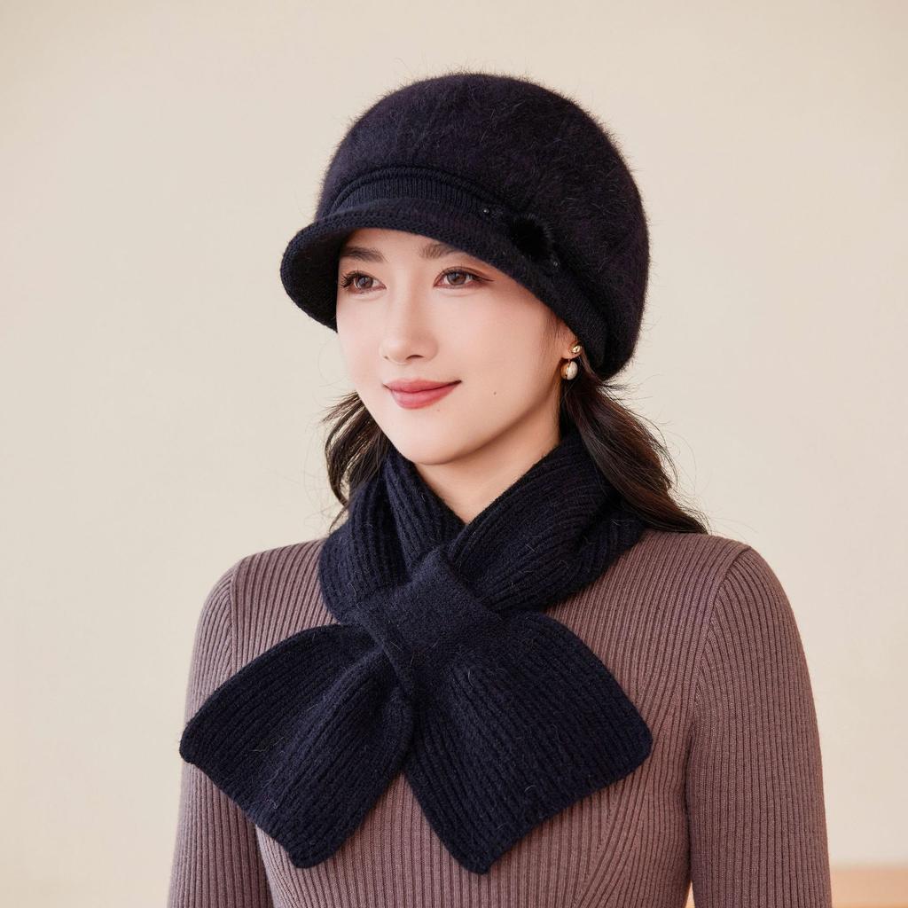New Rabbit Fur Hat for Women Fashionable and Versatile Woolen Hat Cold Proof Plus Velvet Thickened Warm and Ear Protecting Knitted Hat