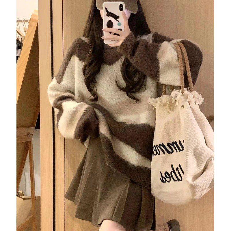 Women's Japanese Retro Striped Oversized Knitted Sweater - Soft, Gentle, Lazy Style for Spring & Autumn