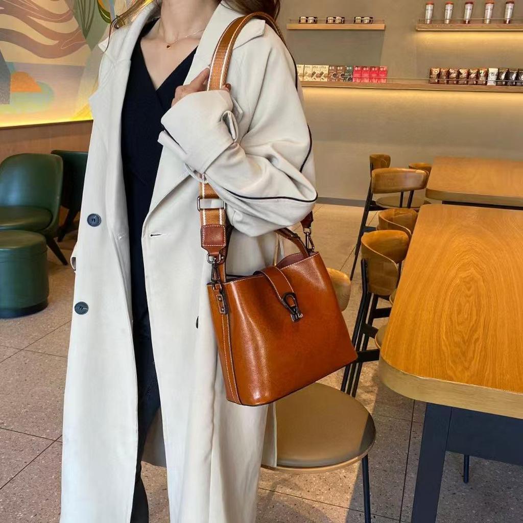 Korean Style Genuine Leather Double Strap Crossbody Bucket Bag