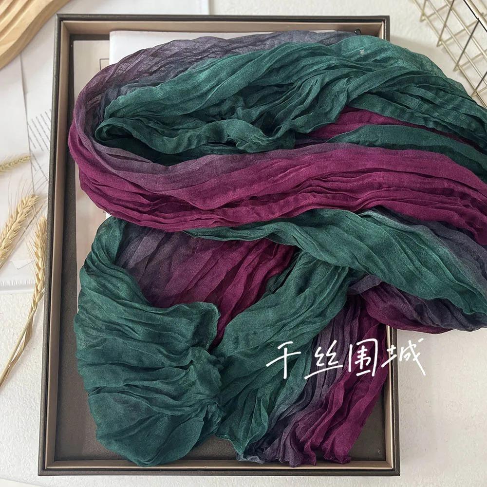New Scarf Cotton Hemp Hand Feel Gradient Blue Autumn Winter Retro Versatile Printed Women's Long Fold Shawl Soft Fashionable