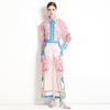Spring Autumn Runway Designer Chain Flower Print Two Piece Set Women Long Sleeve Shirt Top And Elastic Waist Wide Leg Pant Outfit