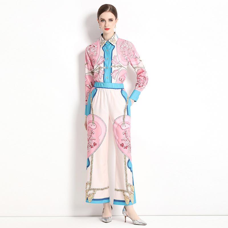 Spring Autumn Runway Designer Chain Flower Print Two Piece Set Women Long Sleeve Shirt Top And Elastic Waist Wide Leg Pant Outfit