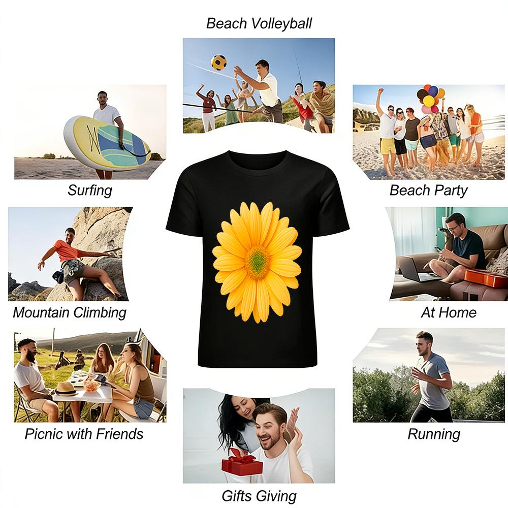 Summer Fresh Yellow Daisy Print Casual T-Shirt Women's Loose Versatile Crew Neck Short Sleeve Top Pure Cotton T-shirt