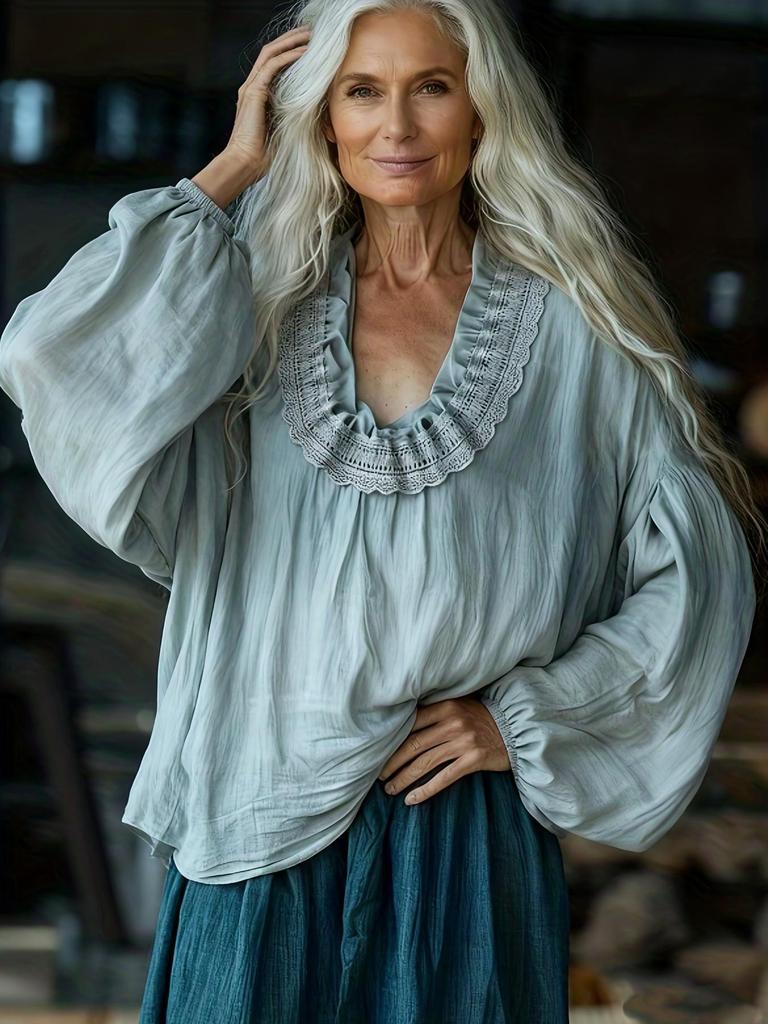 Retro Artistic Lace Patchwork Linen Blend Top with Loose Lantern Sleeves - Mori Style Casual Shirt