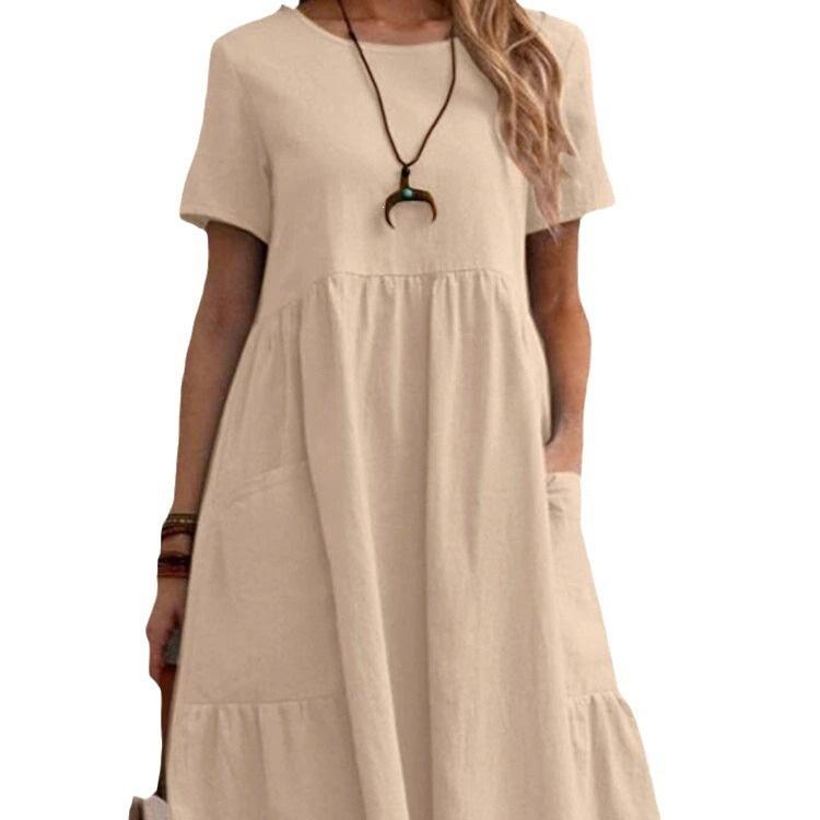 Summer European and American TEMU retro loose pocket solid color round neck women's cotton and linen dress