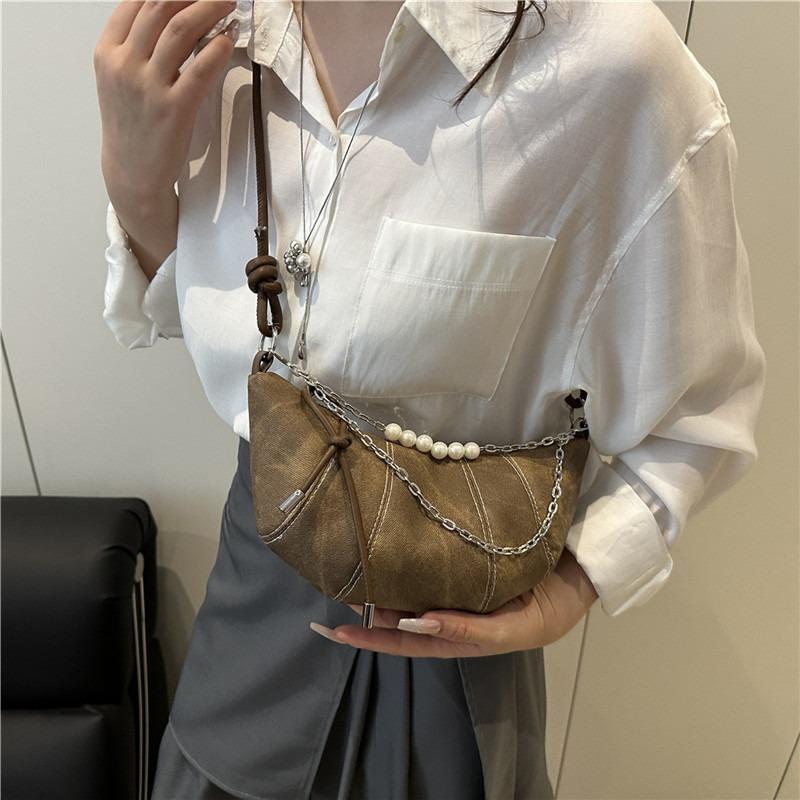 Fashion Trend Pearl Chain Decorative Croissant Popular Solid Color Canvas Shoulder Crossbody Bag Women's Bag