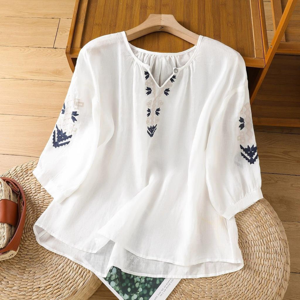 Elegant Cotton Linen Embroidered Shirt Women Summer Heavy Work Thin V-Neck Lantern Sleeve Breathable Casual Versatile Top