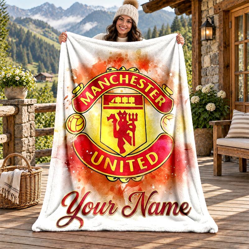 FC Manchester Custom Name Flannel Blanket Personalized Soft Warm Plush Throw Blanket Customized Gift for Family Friends