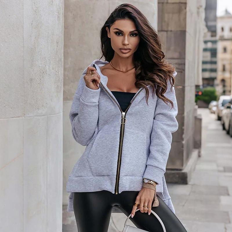 Ladies Spring Autumn Casual Long Sleeve Hooded Zipper Solid Color Cardigan Hoodies Sweatshirt Top