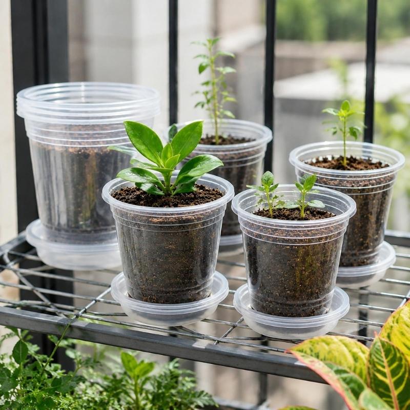 20 See-Through Nursery Pots and 20 Separate Base Plates with Multiple Bottom Drainage Openings for Cuttings, Herbs, and Vegetable Starts