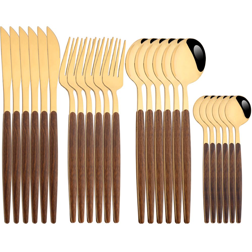 Drmfiy 24Pcs Brown Silver Dinnerware Stainless Steel Imitation Wooden Handle Silverware Knife Spoon Fork Cutlery Set Tableware