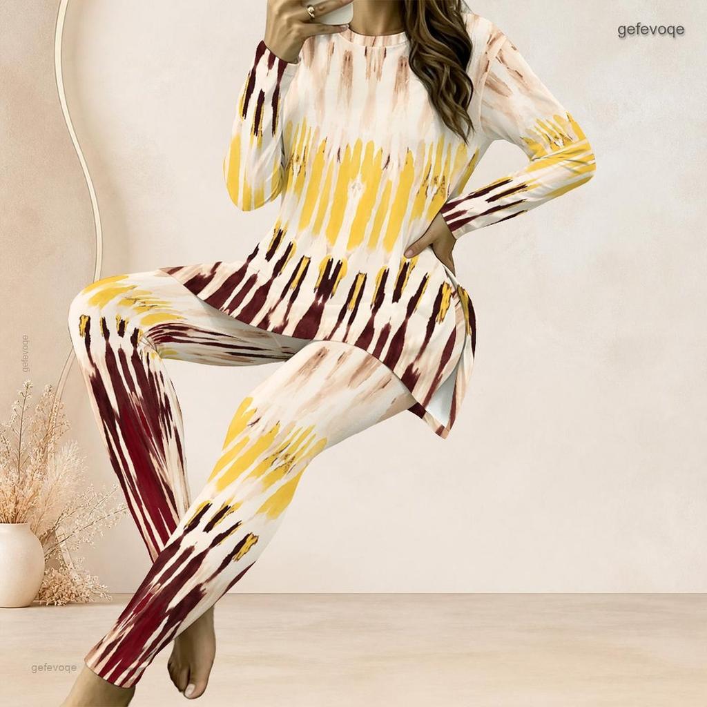 Women Plus Size Printed Round Neck Long Sleeve Top And Fitted Long Pants Two Piece Set
