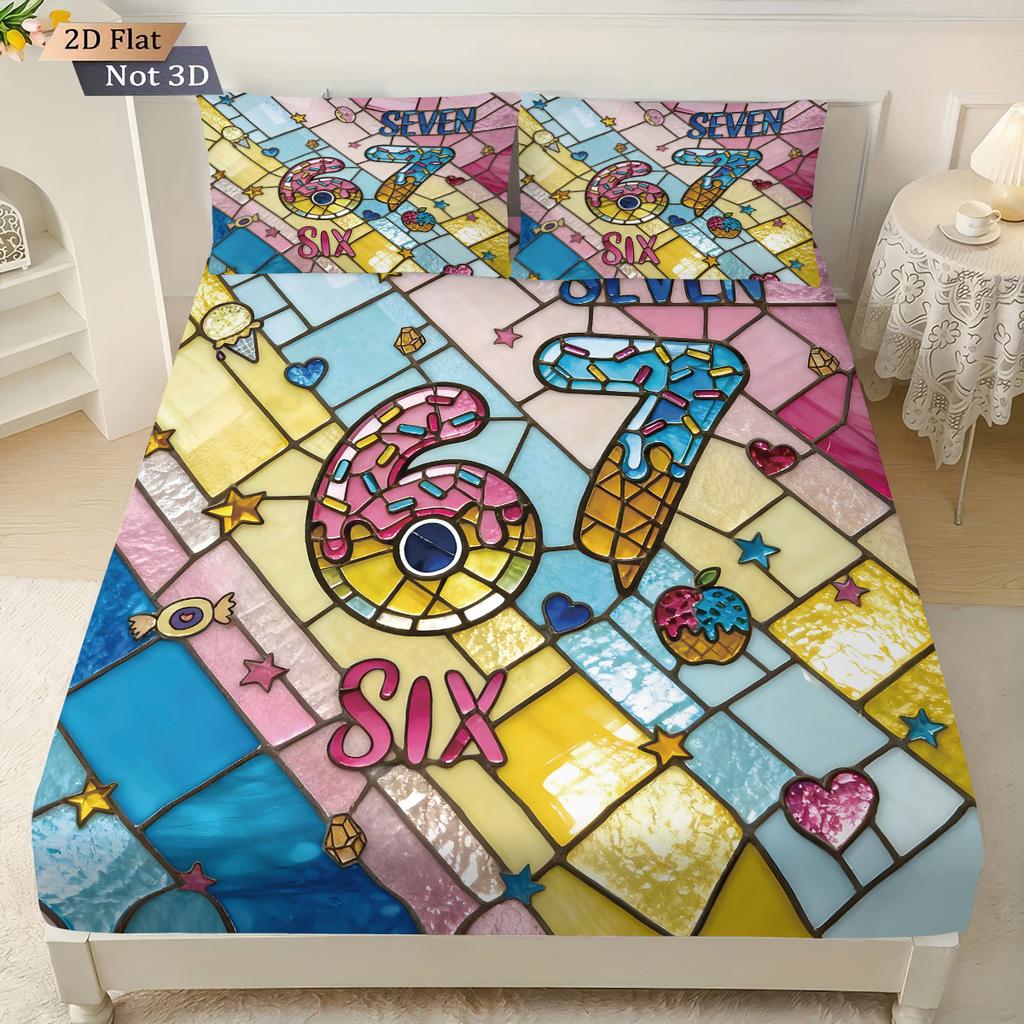 3pcs Imitation Glass Painted 67 Element Printed Coreless Bed Sheet Set, Multi Size Bedroom Bed Cover Decoration Machine Washable