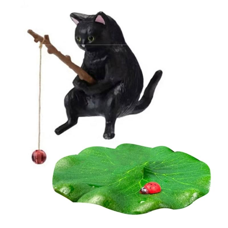 Funny Fishing Kitten for Aquarium Glass WallDecoration Landscaping Cute Kitten FishTank Cartoon Decors Statue Resin