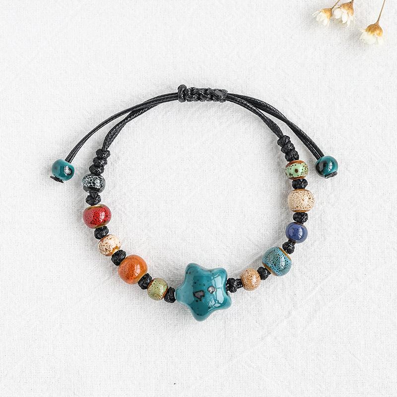 Kaseakia Handmade STAR Vintage Ceramic Stone Beads Wax Cord Adjustable Beaded Bracelets Bohemian Boho Jewelry for Women