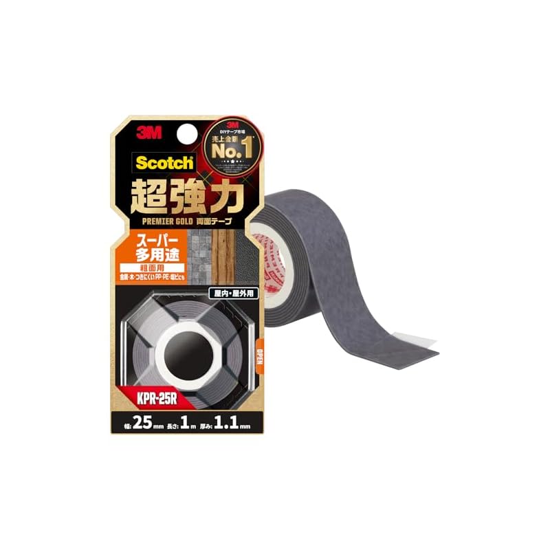 3M Scotch Ultra-Strong Double-Sided Tape, Premier Gold, Super Multi-Purpose, for Rough Surfaces, 25mm Width, 1m Length, KPR-25R