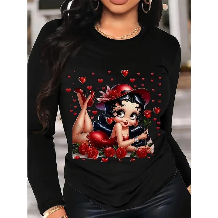 

Женские футболки с круглым вырезом и 3D-принтом с узором «Любовь», модные повседневные футболки с длинным рукавом 5XL