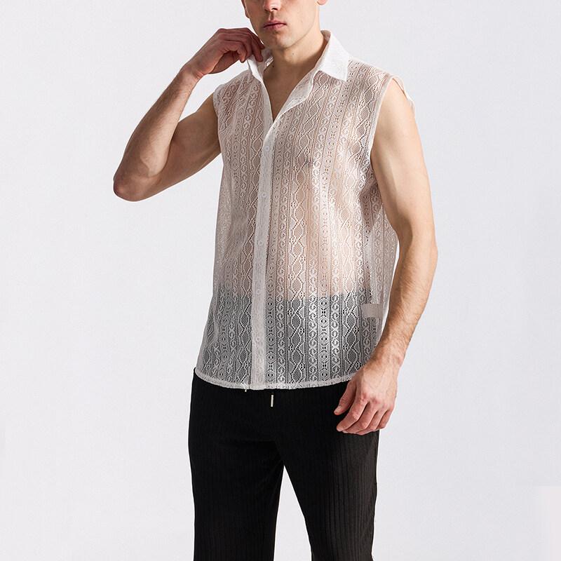 Summer Men's Mesh Lace Knit Shirt Streetwear Hollow-Out Sleeveless Dance Perspective Shirts Nightclub Disco Performance Tops