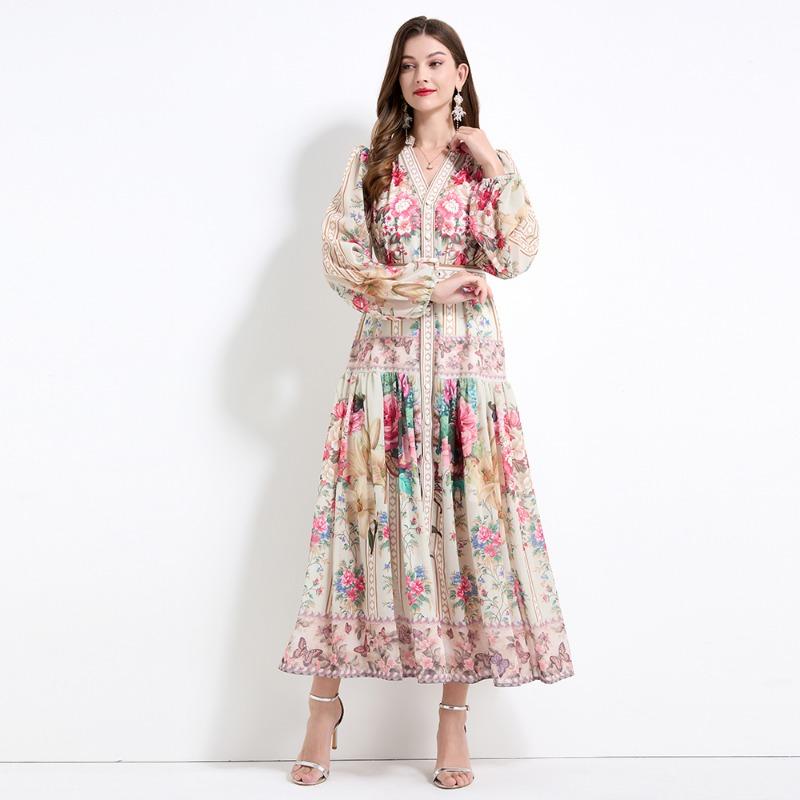 Summer Autumn Women V-neck Vintage Print Chiffon Runway Dress Single Breasted Long Maxi Oversize Vacation Beach Dresses with Belt