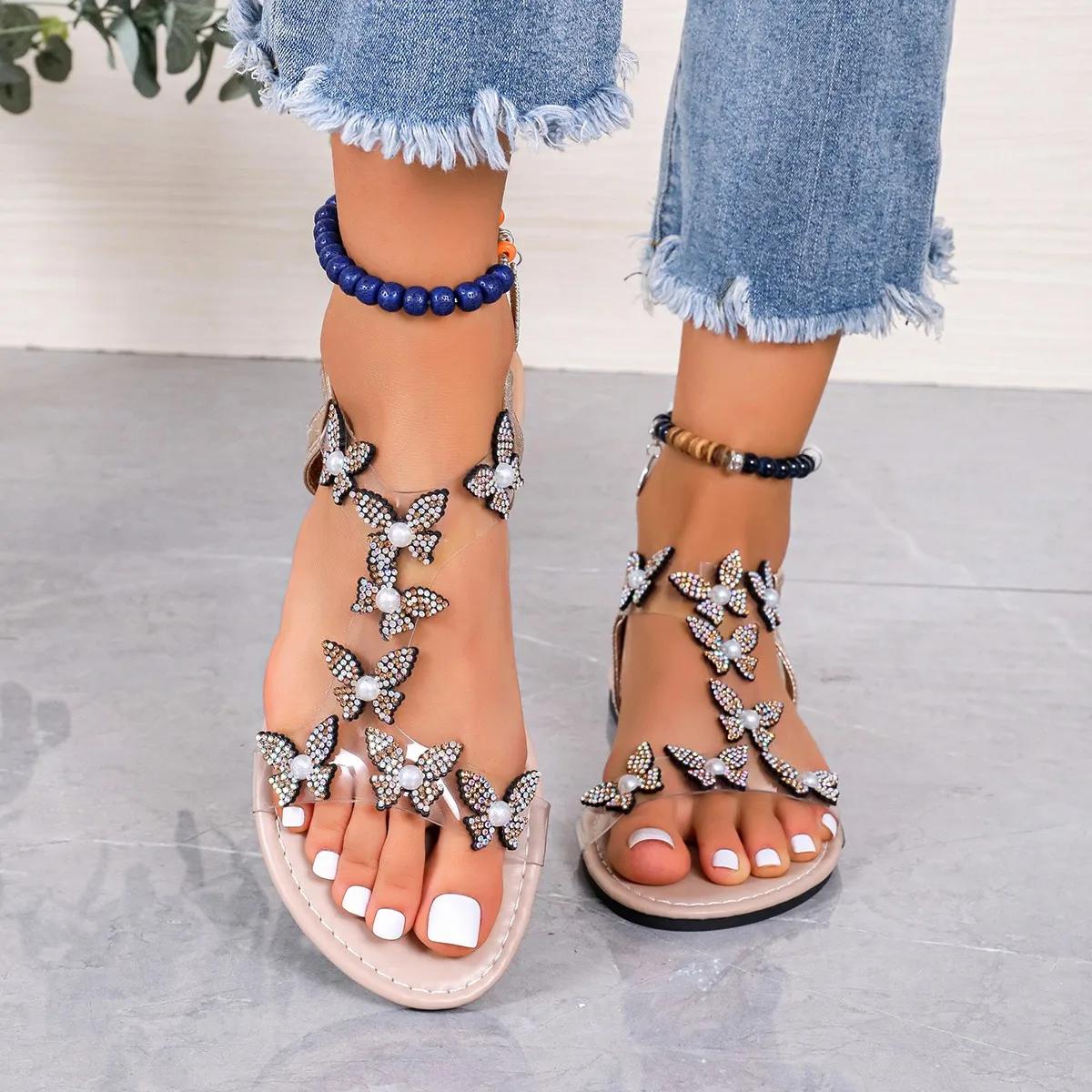 

Fashion 2025 Fashion Butterfly Rhinestone Flat Square Toe Fish Mouth Women s Beach Slide Sandals Elastic Strap Plus Size Flat Sandals 36