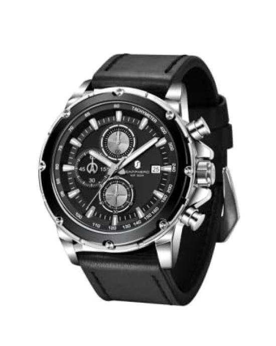 SAPPHERO Analog Quartz 50m Water Luminous Date Artificial Leather Mineral Suitable for Business and Outdoor Black Black Dial Men's Watch, Resistant,