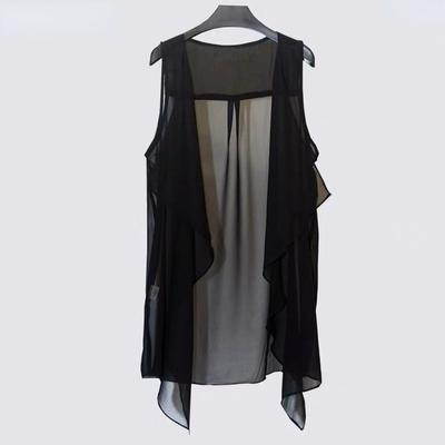 Kamizelki szyfonowe damskie Holiday Street Solid Black Sweet Thin Summer All-match Fairy Outwear Sexy Long Draped Open Stitch Vintage