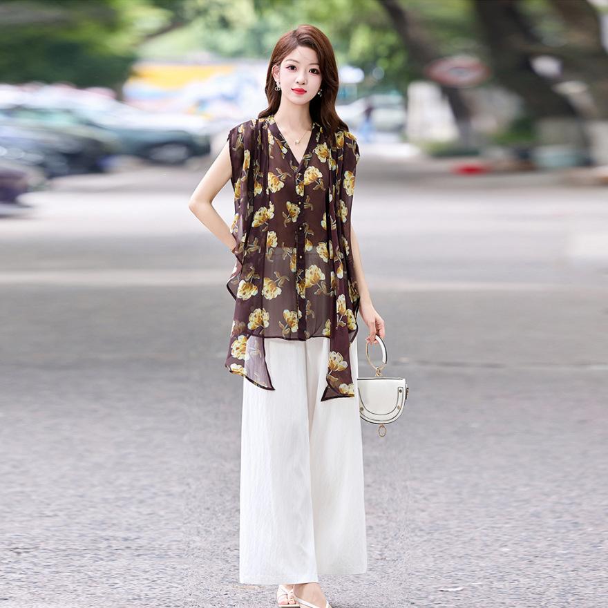 Summer new design sense temperament elegant printed waist shirt casual wide-leg pants two-piece set women
