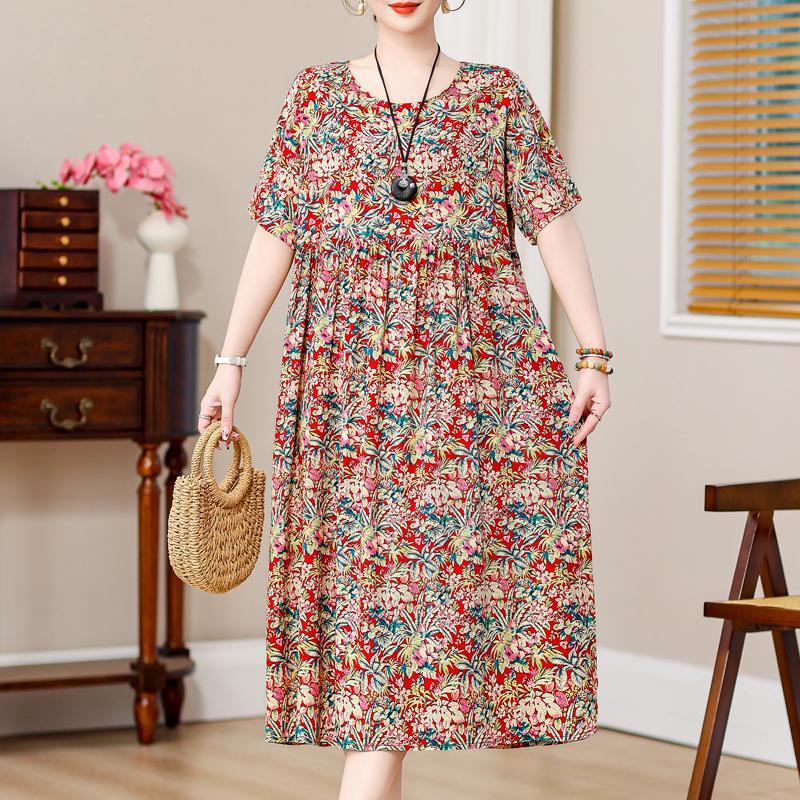 Plus Size Vintage Print Long Dress for Women Oversize Short Sleeve Elegant Loose Dresses Summer Casual Middle-aged Women's Clothing